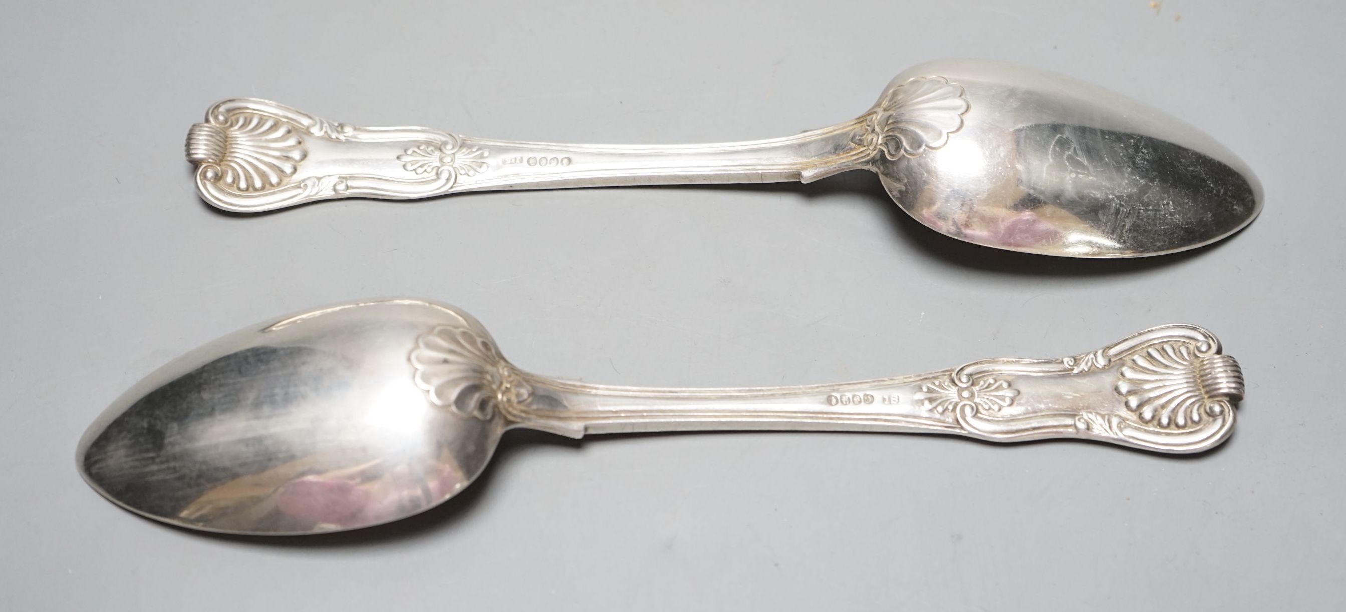 A pair of George IV Irish silver double struck Kings pattern table spoons, by James Scott, Dublin, 1823, 22.3cm, 215 grams.